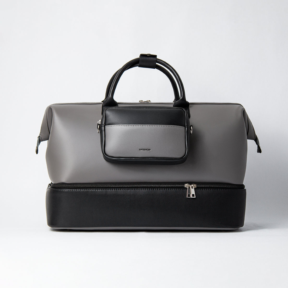 Ashen vegan leather duffle bag with matching front pouch
